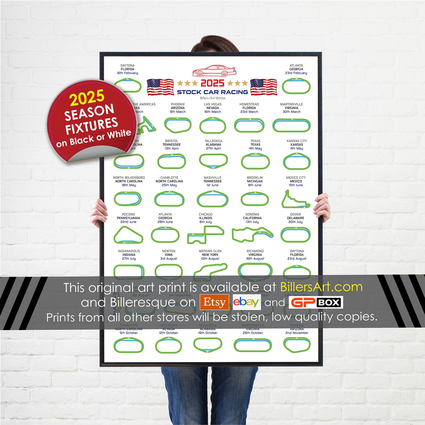 NASCAR 2025 Detailed Season Fixtures Portrait Wall Calendar Track Layouts