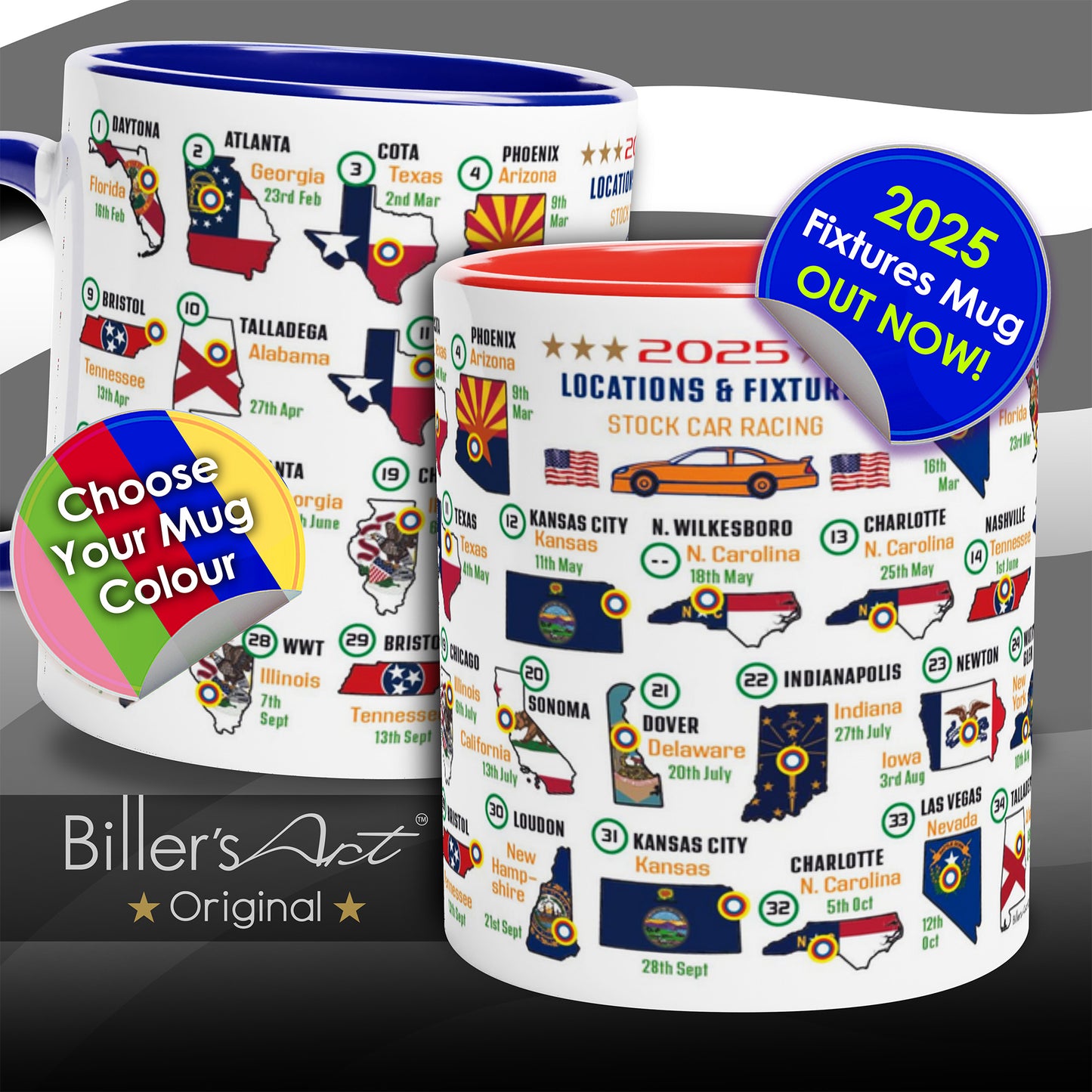 2025 Nascar Calendar Mugs with State Flags - All Race Dates