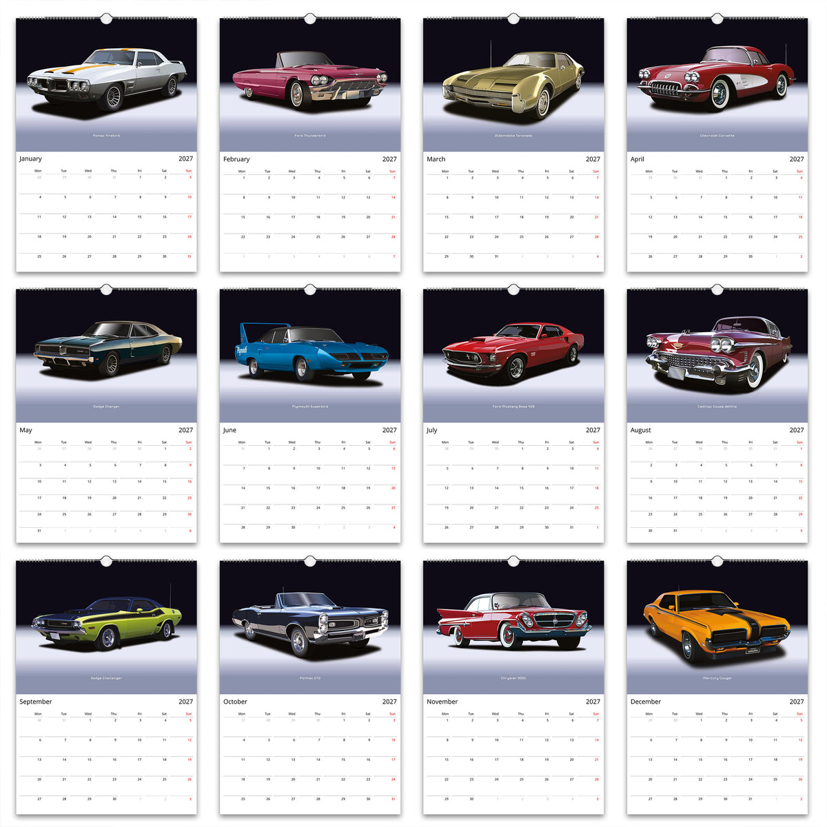 US Muscle Car High Quality Wall calendar 2027 on Studio Backgrounds