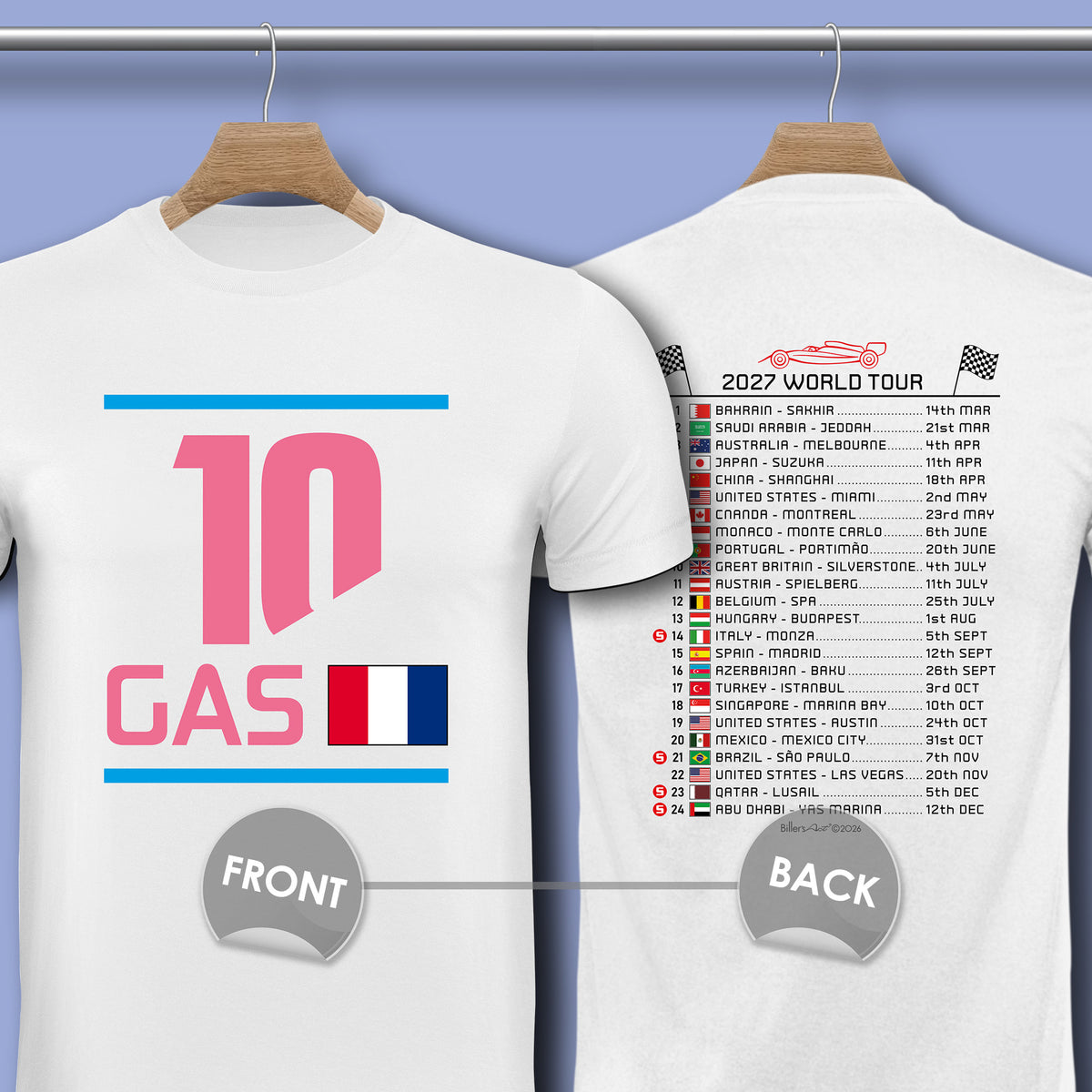 Pierre Gasly 2027 Race Calendar Formula 1 F1 T-Shirt