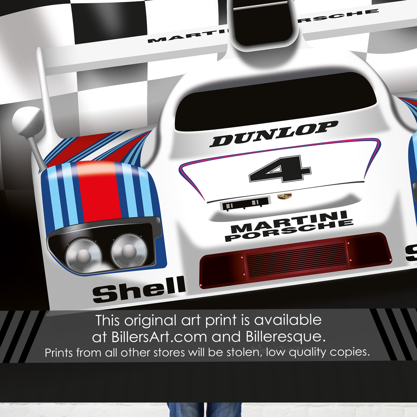Porsche 936 Poster - Le Mans Racing Car poster on a Chequered Flag background