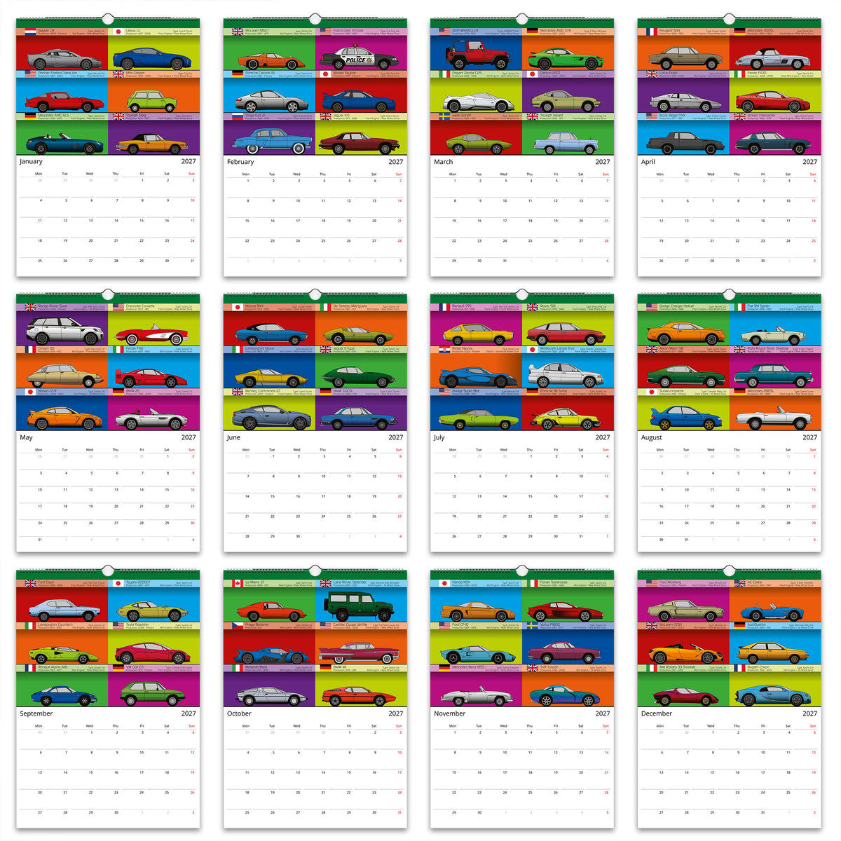2027 Christmas Calendar of Artistic Classic Cars in profile