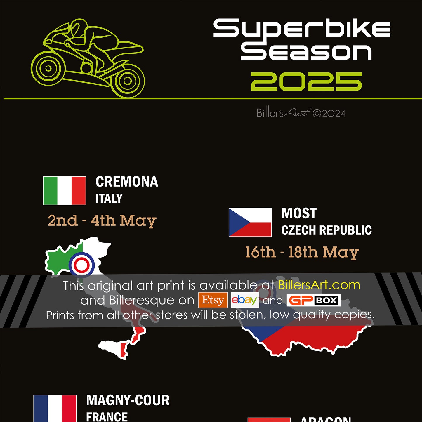 SBK Superbike 2025 Detailed Season Fixtures Landscape Wall Calendar with Countries and Flags print
