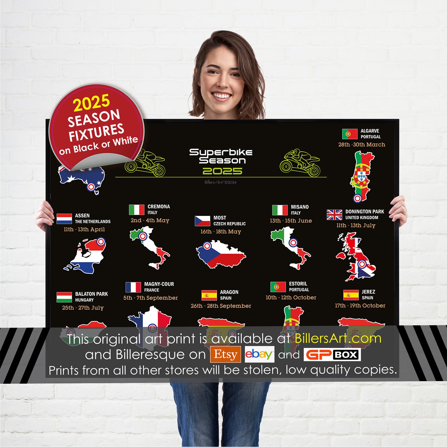 SBK Superbike 2025 Detailed Season Fixtures Landscape Wall Calendar with Countries and Flags print