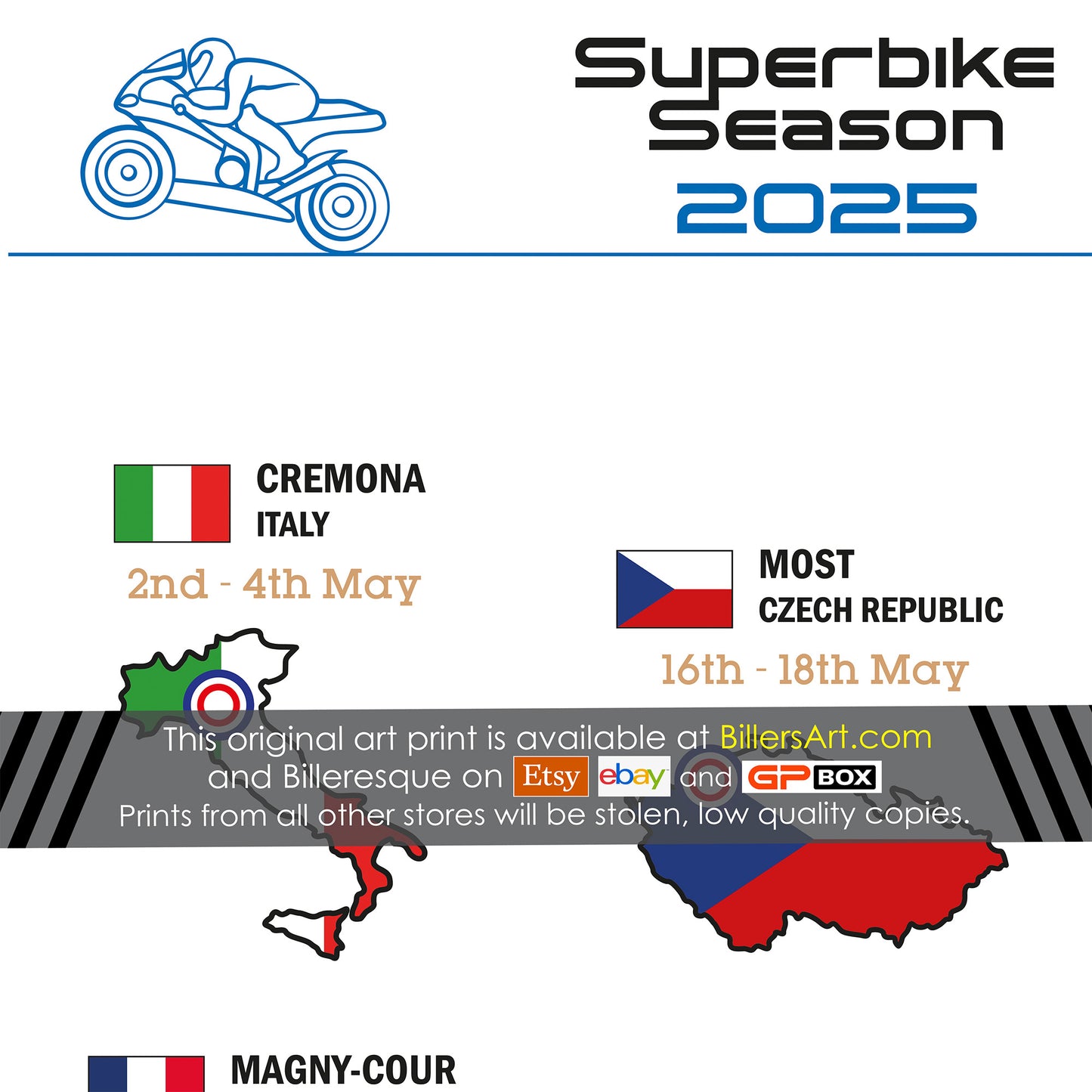 SBK Superbike 2025 Detailed Season Fixtures Landscape Wall Calendar with Countries and Flags print
