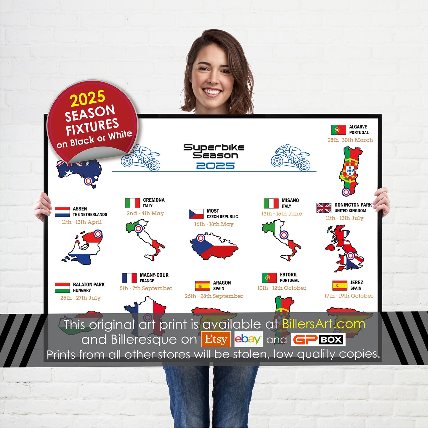 SBK Superbike 2025 Detailed Season Fixtures Landscape Wall Calendar with Countries and Flags print