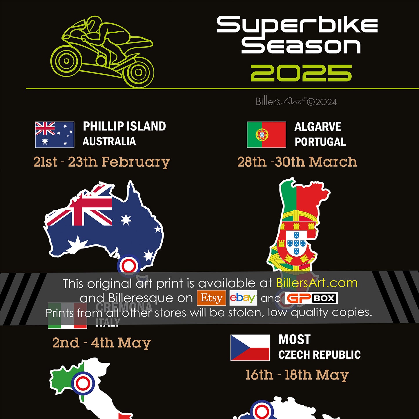 SBK Superbike 2025 Detailed Season Fixtures Portrait Wall Calendar with Countries and Flags print