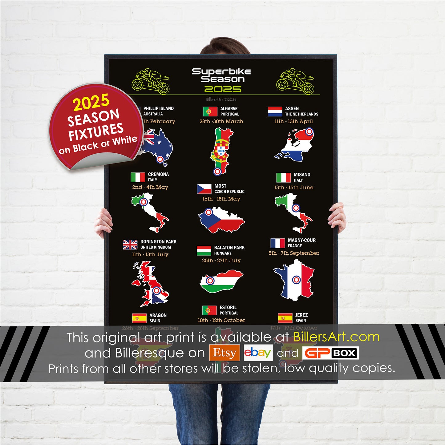 SBK Superbike 2025 Detailed Season Fixtures Portrait Wall Calendar with Countries and Flags print