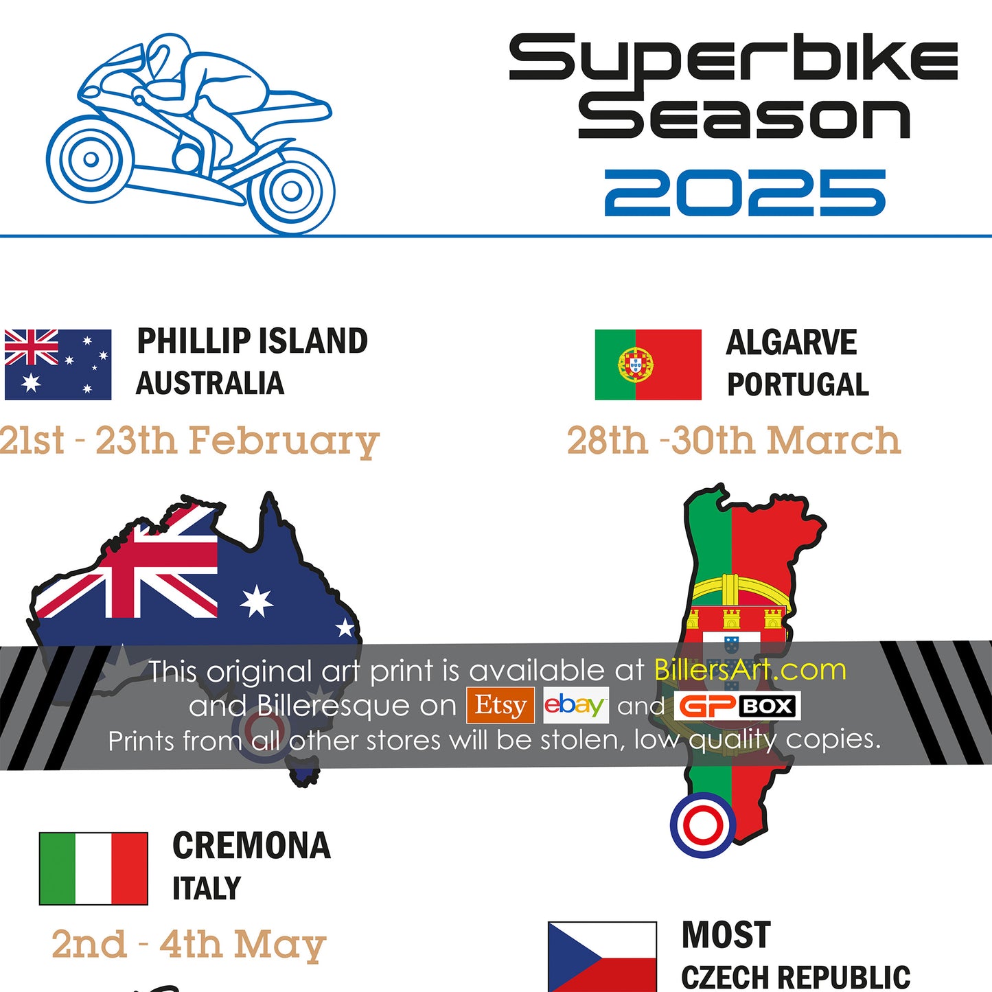 SBK Superbike 2025 Detailed Season Fixtures Portrait Wall Calendar with Countries and Flags print