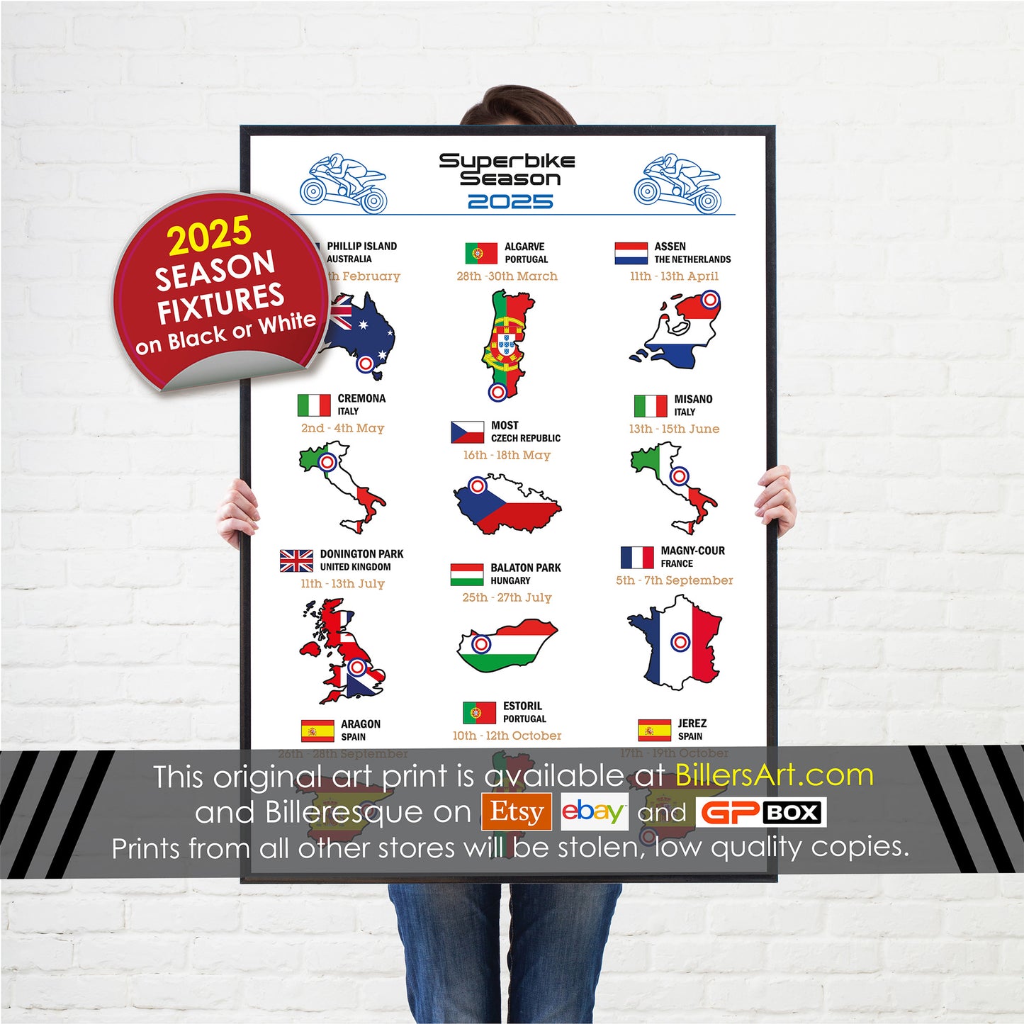 SBK Superbike 2025 Detailed Season Fixtures Portrait Wall Calendar with Countries and Flags print