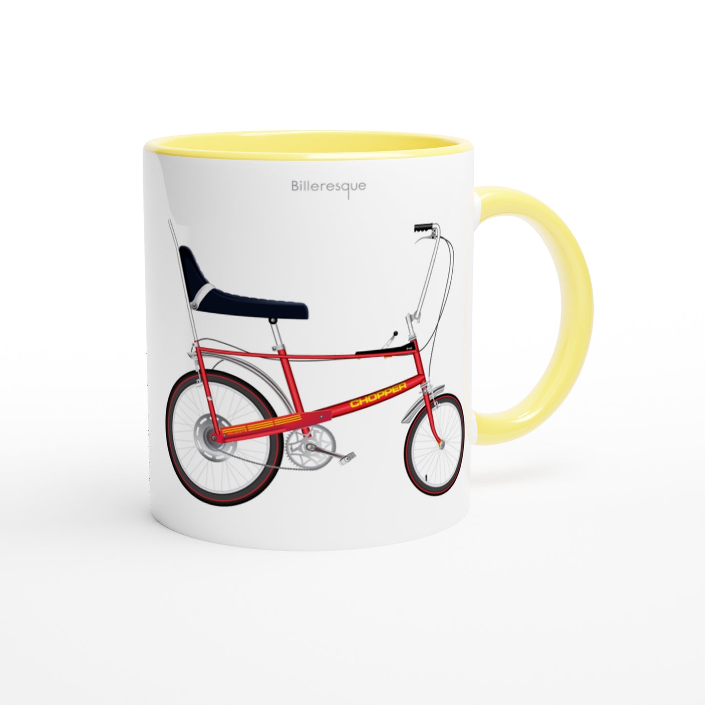 Retro Raleigh Chopper bicycle on a colourful mug. 70s nostalgia bike.
