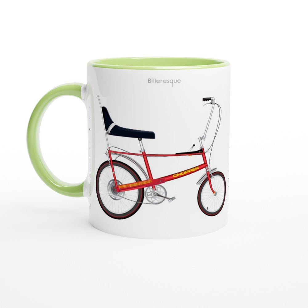 Retro Raleigh Chopper bicycle on a colourful mug. 70s nostalgia bike.