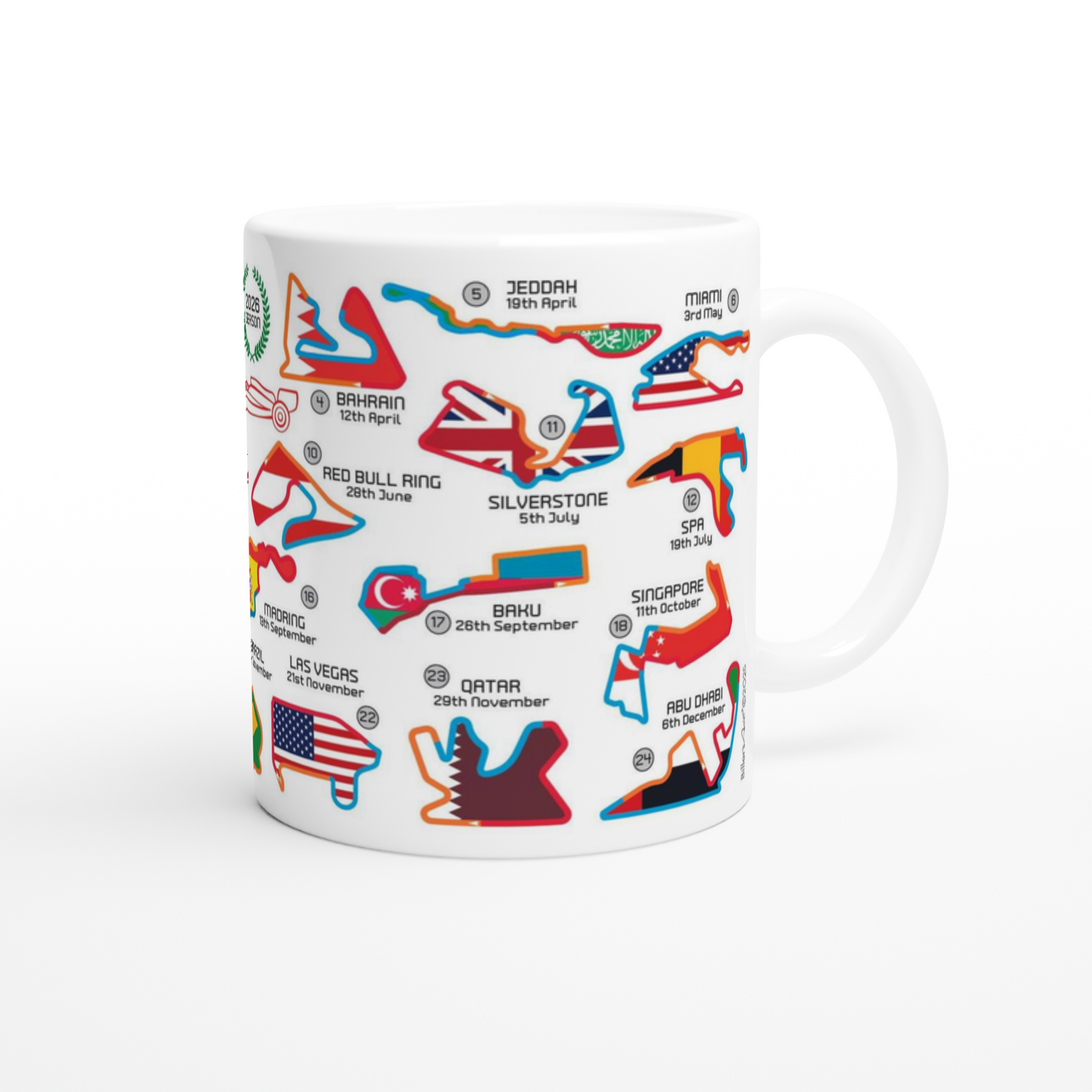 2026 Formula 1 Calendar Mug With Circuits and Flag - All F1 Races