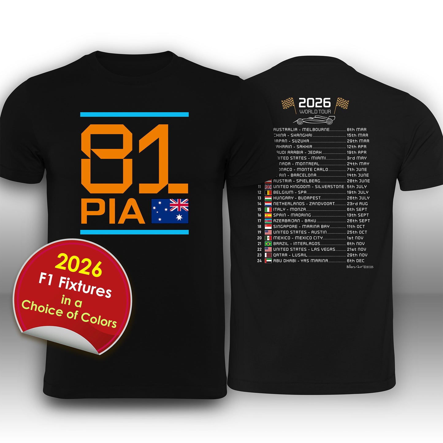 Oscar Piastri 2026 Race Calendar Formula 1 F1 T-Shirt