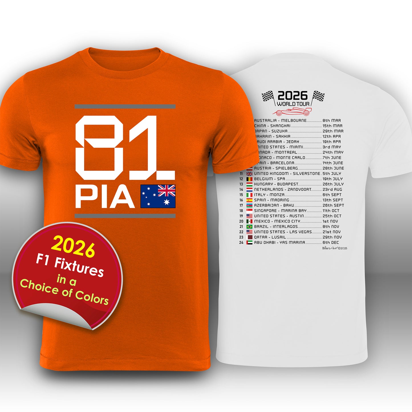 Oscar Piastri 2026 Race Calendar Formula 1 F1 T-Shirt