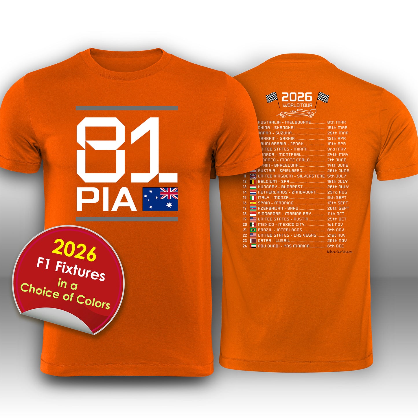 Oscar Piastri 2026 Race Calendar Formula 1 F1 T-Shirt