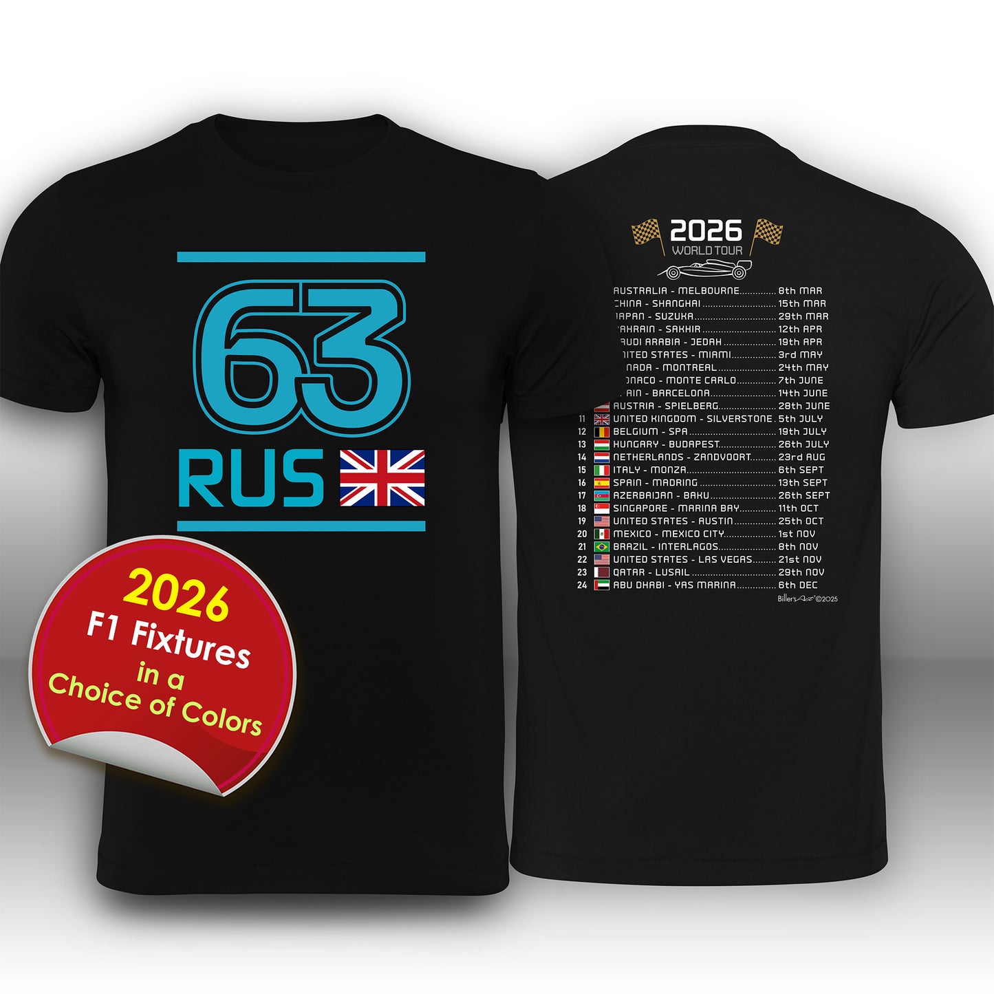 George Russell 2026 Race Calendar Formula 1 F1 T-Shirt