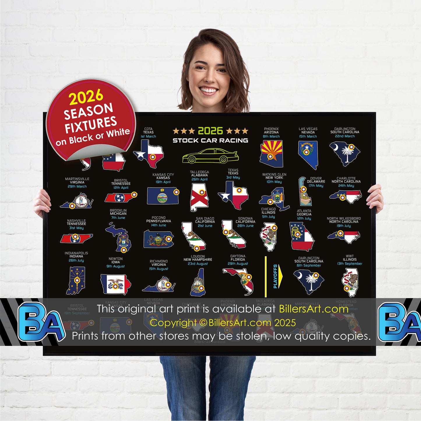 NASCAR 2026 Detailed Season Fixtures Landscape Wall Calendar with US States and State Flags print