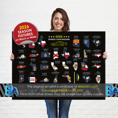 NASCAR 2026 Detailed Season Fixtures Landscape Wall Calendar with US States and State Flags print