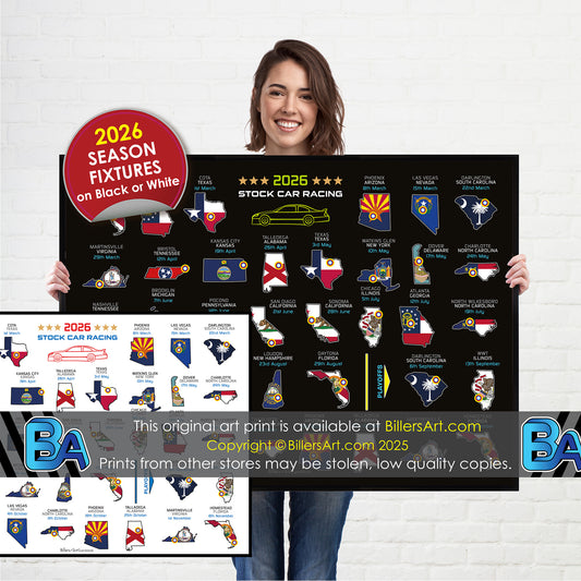 NASCAR 2026 Detailed Season Fixtures Landscape Wall Calendar with US States and State Flags print