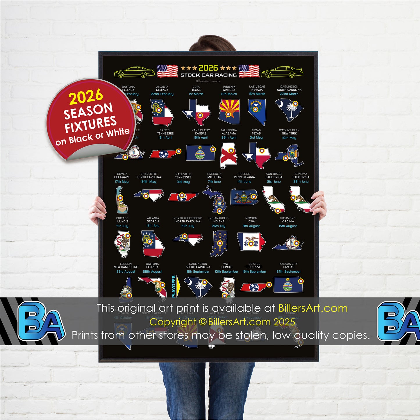 NASCAR 2026 Detailed Season Fixtures Portrait Wall Calendar with US States and State Flags print