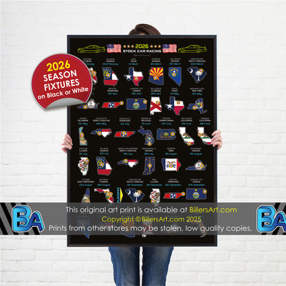 NASCAR 2026 Detailed Season Fixtures Portrait Wall Calendar with US States and State Flags print