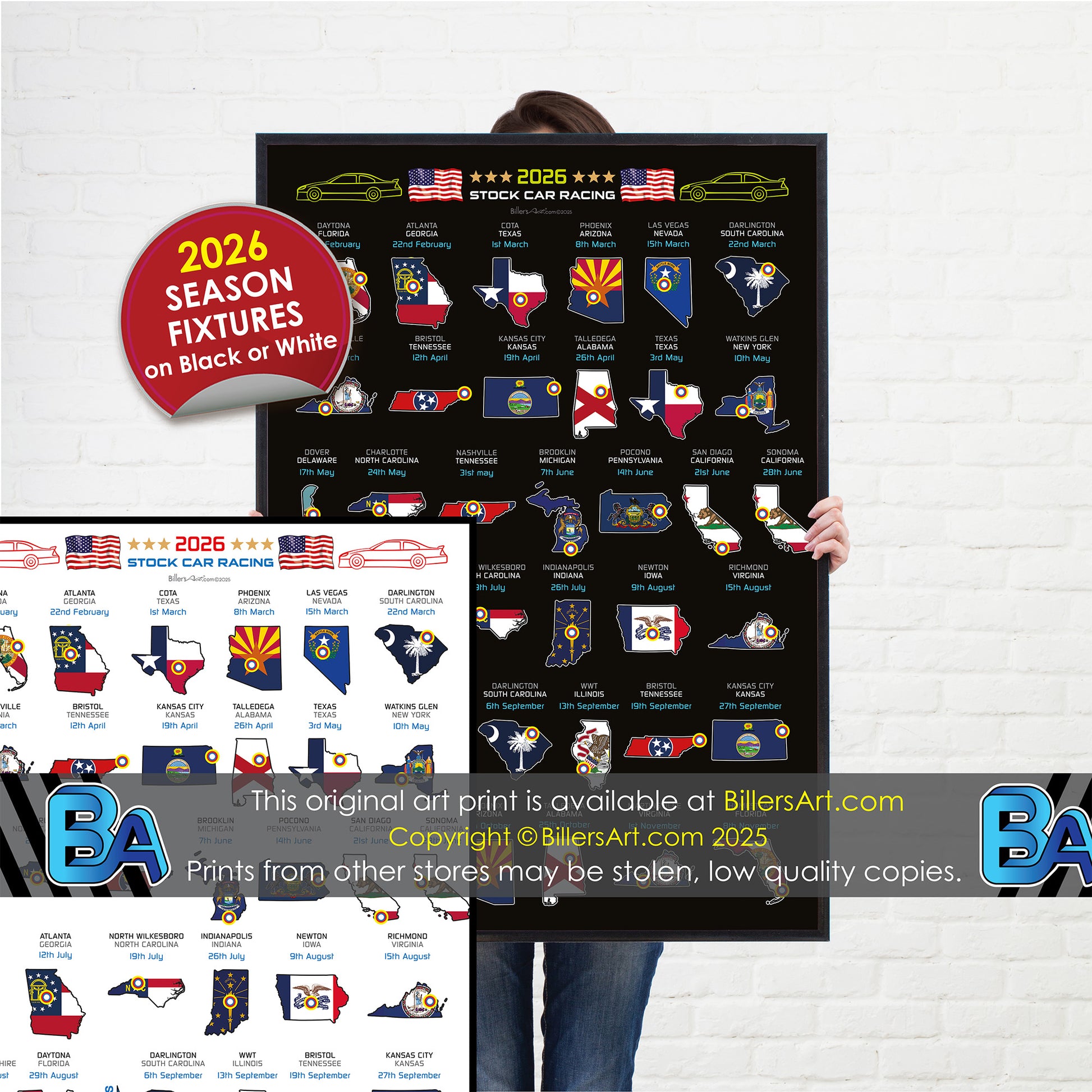 2026 Nascar season fixtures, featuring state flags and racing graphics.