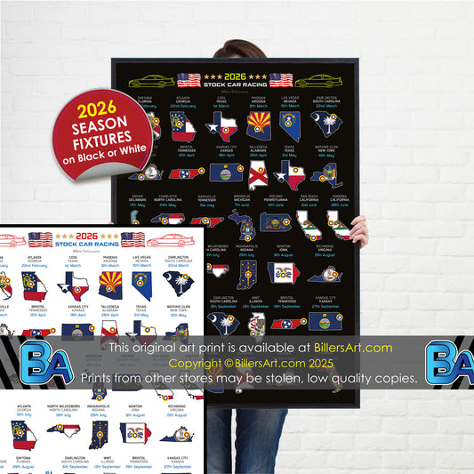 2026 Nascar season fixtures, featuring state flags and racing graphics.