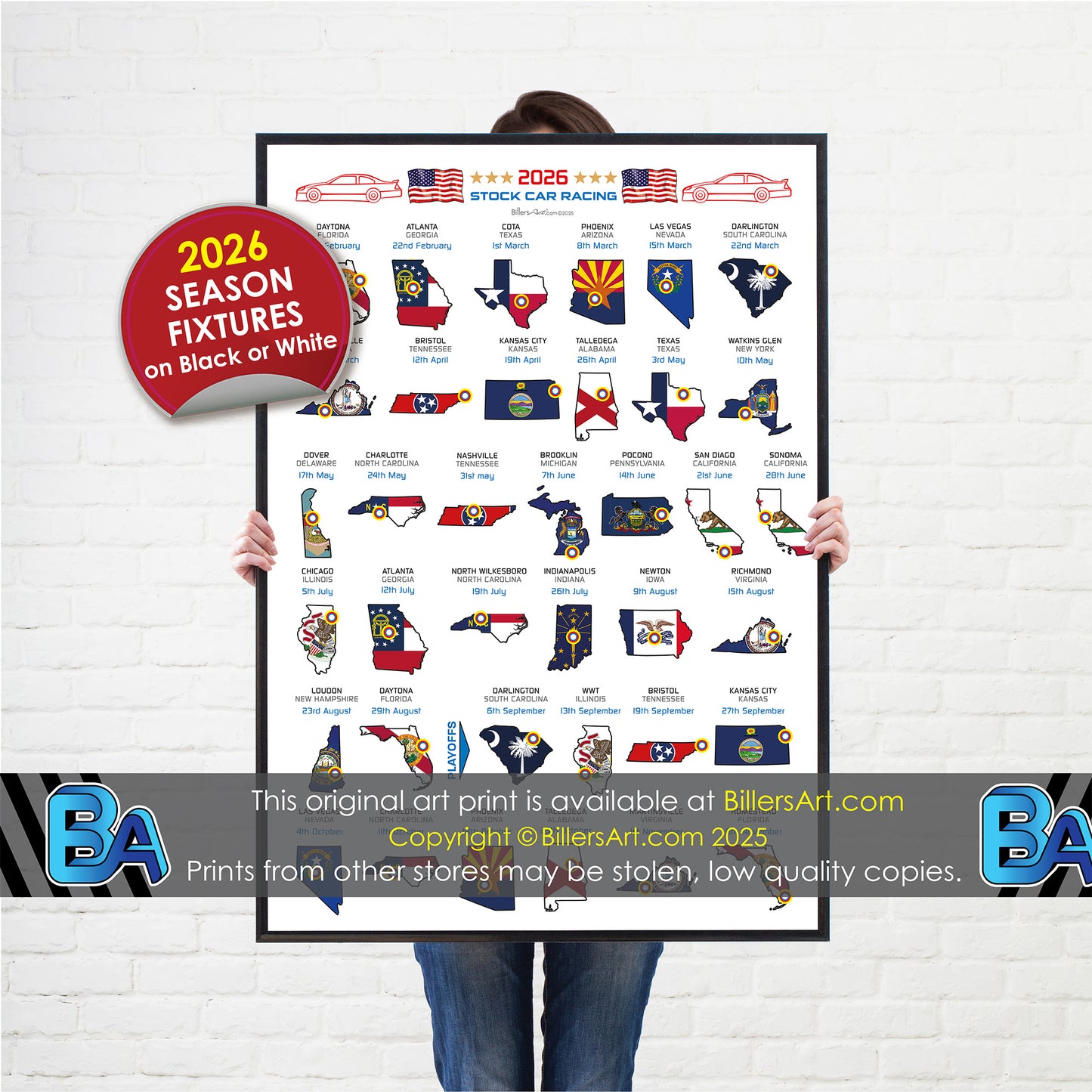 NASCAR 2026 Detailed Season Fixtures Portrait Wall Calendar with US States and State Flags print