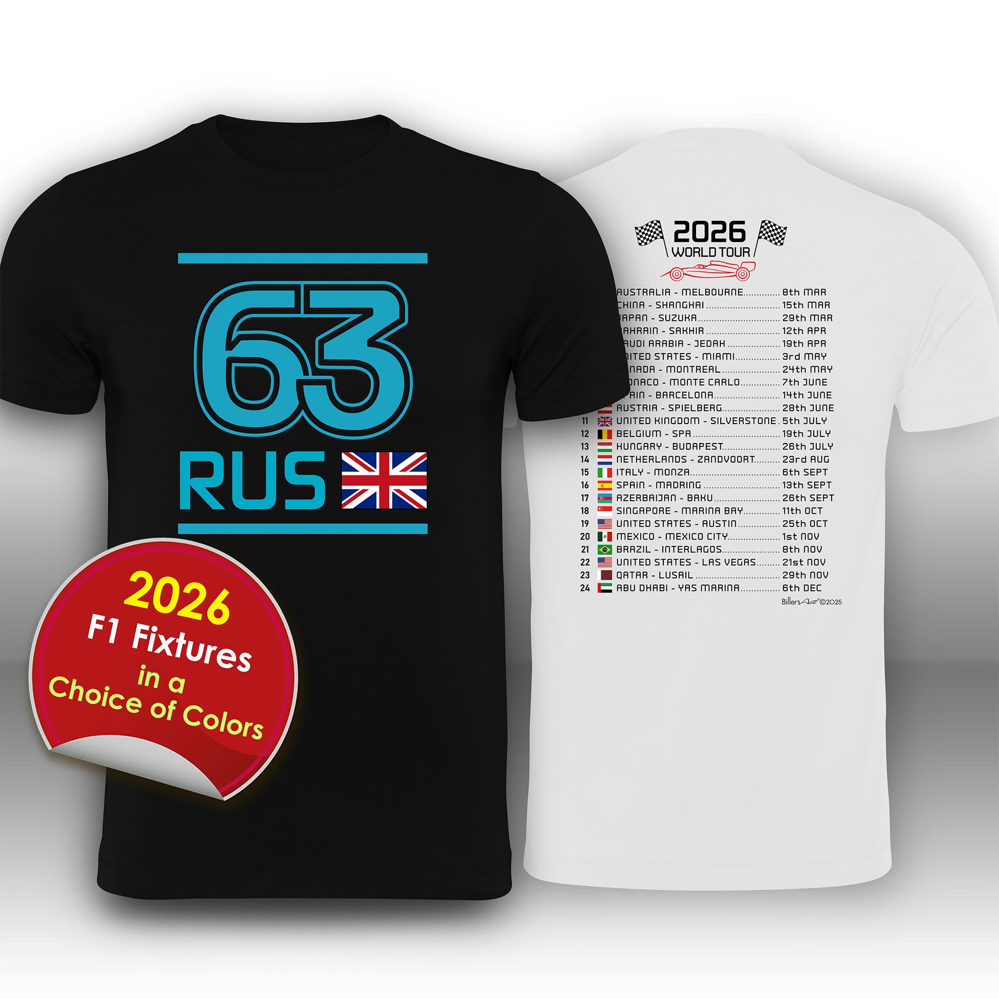 Black t-shirt with blue text and British flag, white t-shirt with 2026 formula 1 fixtures.
