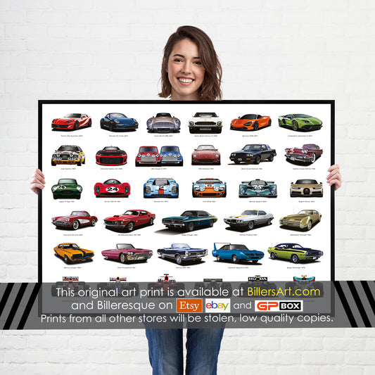 Super Car Collection Poster Print - Historic Wall Art Car Poster Illustration