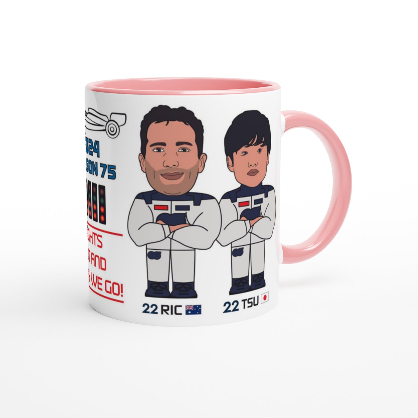 Formula 1 Fun Mug Caricature of the 2024 Alpha Tauri team mates Daniel Ricciado and Yuki Tsunoda