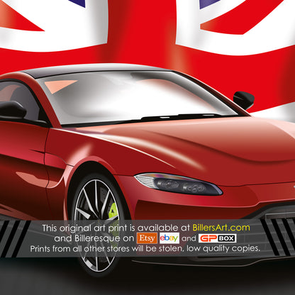 Aston Martin Vantage Supercar High Quality Print Illustration with the Union Flag