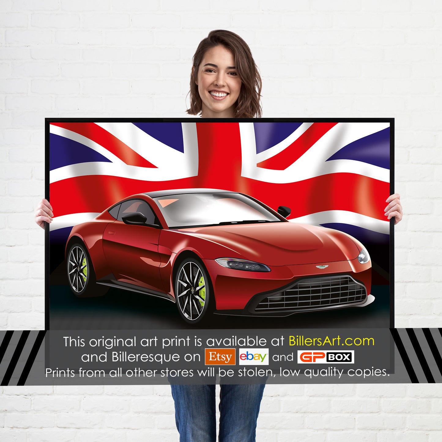 Aston Martin Vantage Supercar High Quality Print Illustration with the Union Flag