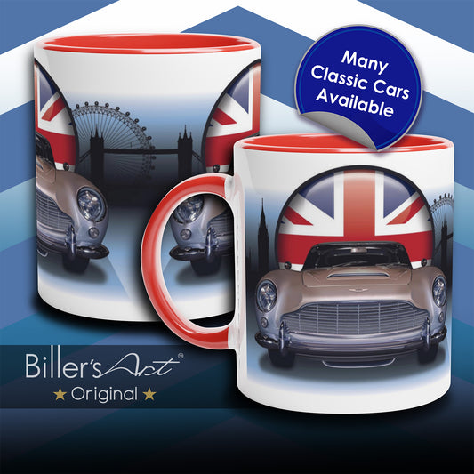 Aston Martin DB5 Classic Car High Quality Colourful Illustration Mug on a London Background