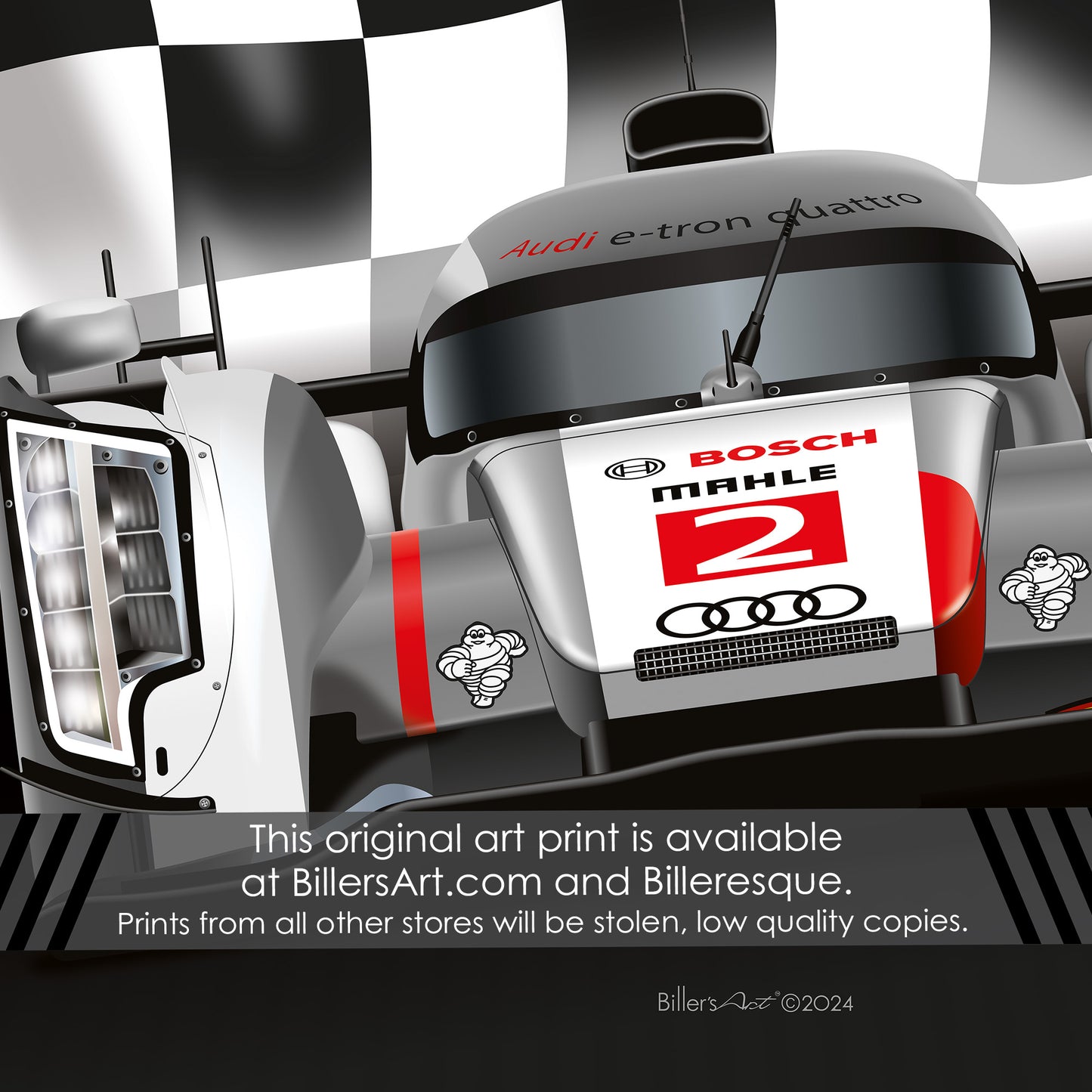 Audi R18 e-tron quattro Poster - Le Mans Racing Car poster on a Chequered Flag background