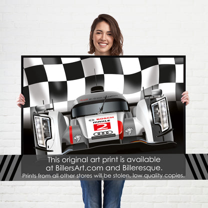 Audi R18 e-tron quattro Poster - Le Mans Racing Car poster on a Chequered Flag background