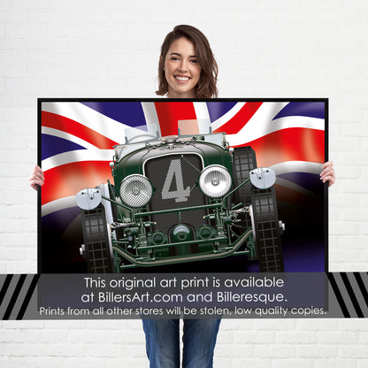 Bentley Speed 6 - Le Mans Racing Car poster on a Union Flag background