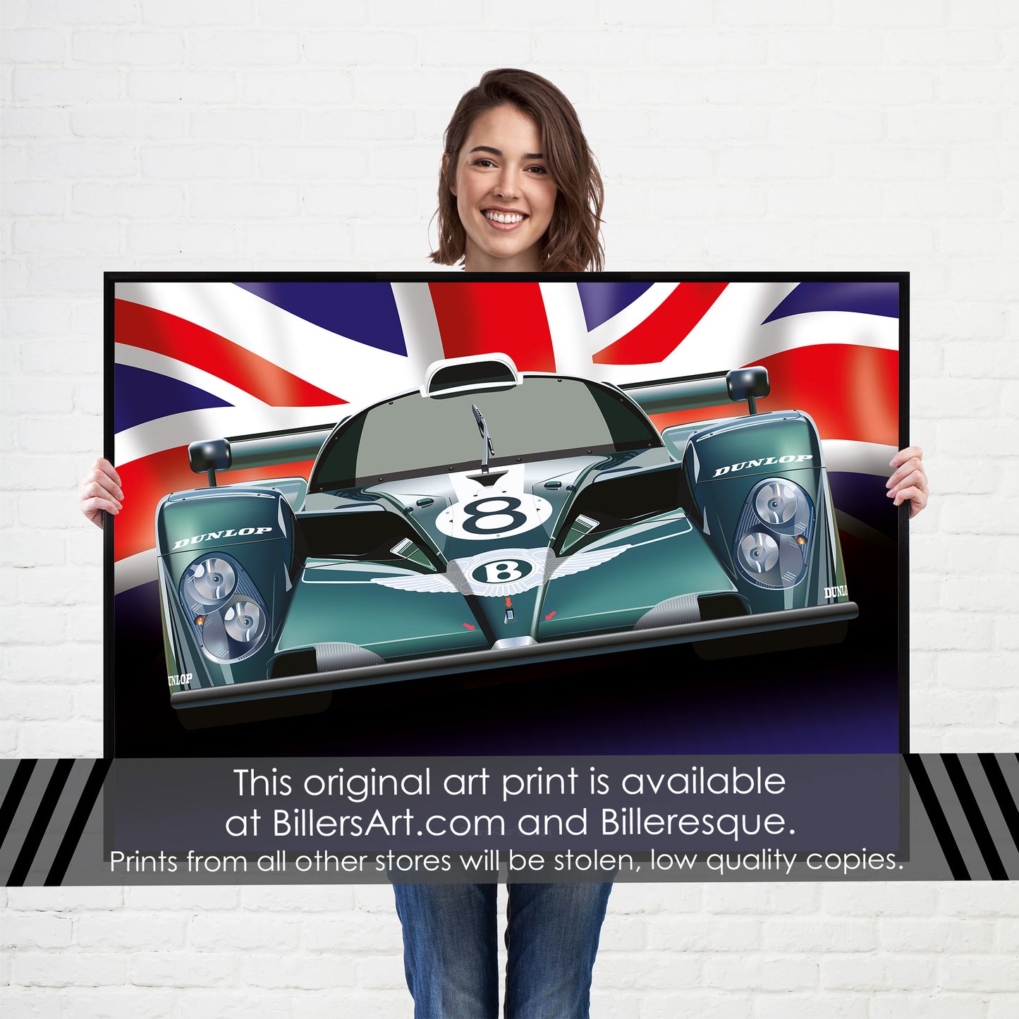 Bentley Speed 8 - Le Mans Racing Car poster on a Union Flag background