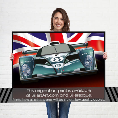 Bentley Speed 8 - Le Mans Racing Car poster on a Union Flag background