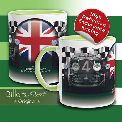 Bentley Speed 6 - Le Mans Racing Car Mug on a Chequered Flag background