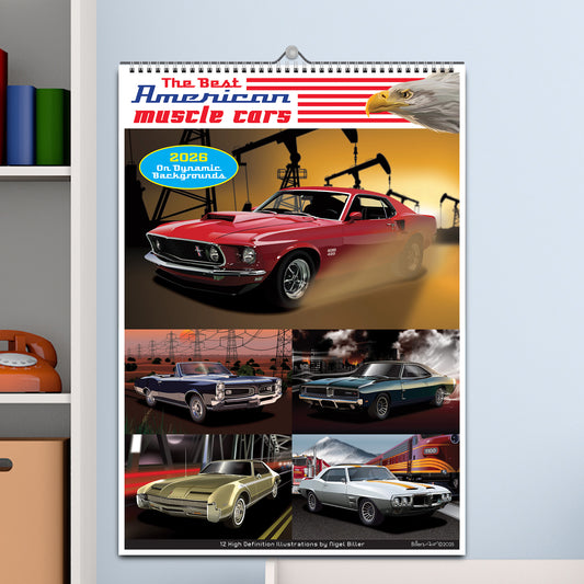 American Muscle Car 2026 Calendar on Scenic Backgrounds