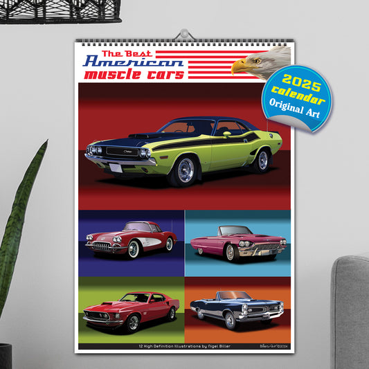 US Muscle Car 12 Month 2025 Calendar on Studio Backgrounds