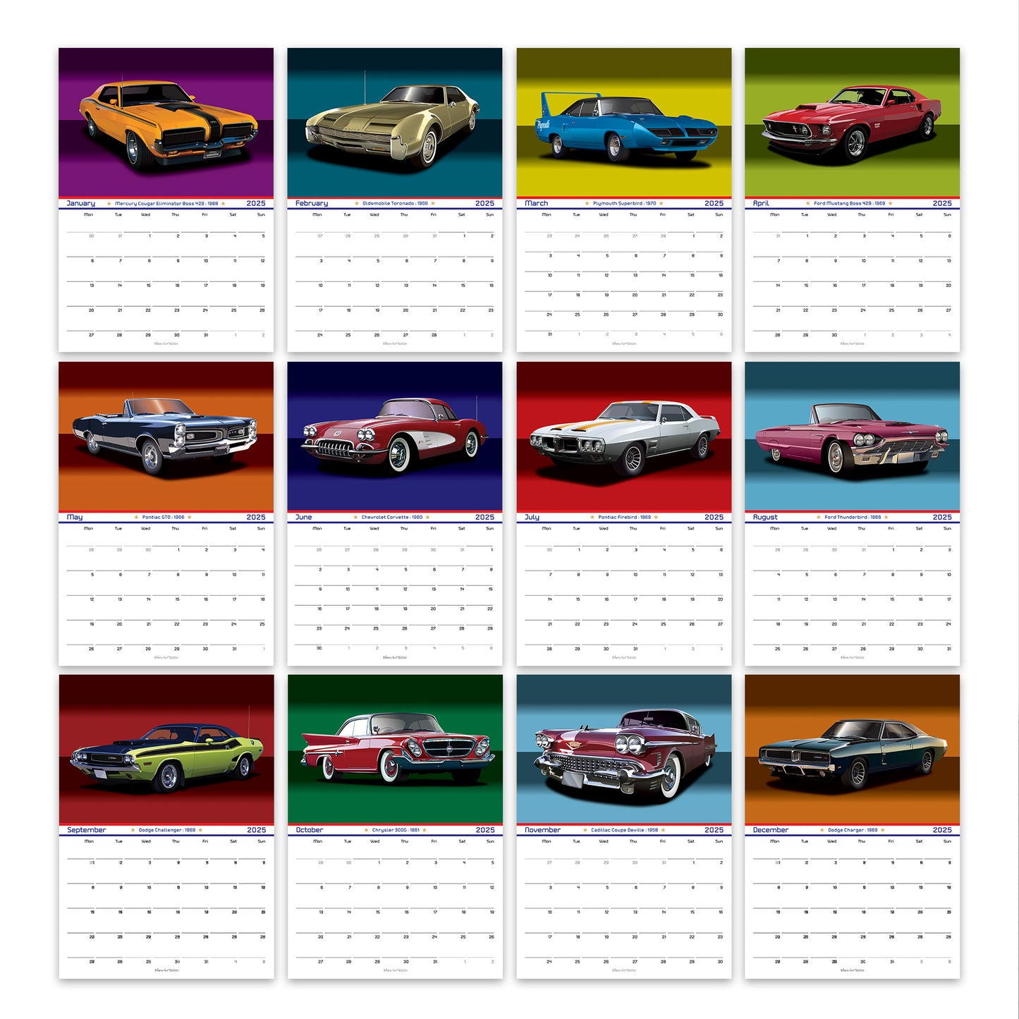 US Muscle Car 12 Month 2025 Calendar on Studio Backgrounds