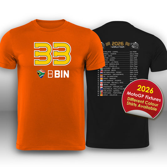 Orange and black t-shirts with branding and text, featuring a red badge with '2026 MotoGP Fixtures'.