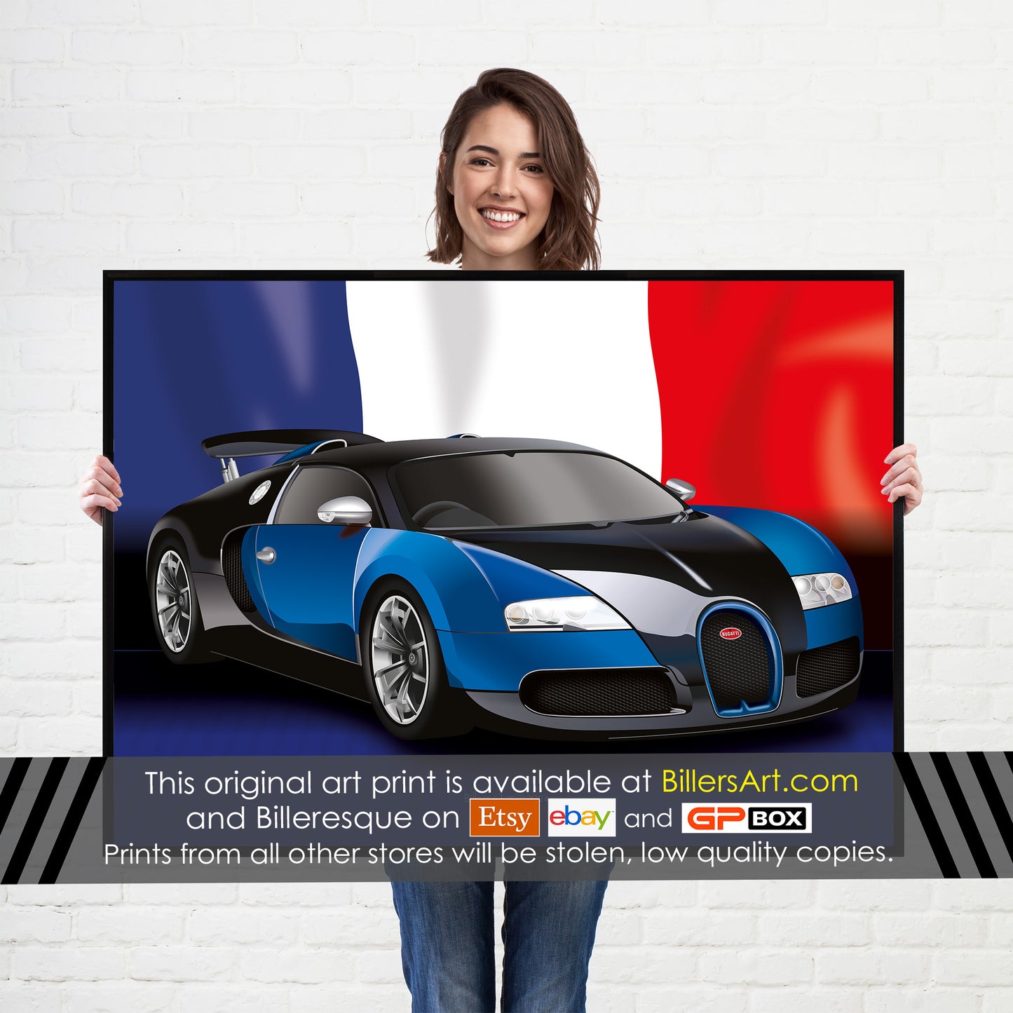 Bugatti Veyron Supercar High Quality Print Illustration with the French Flag