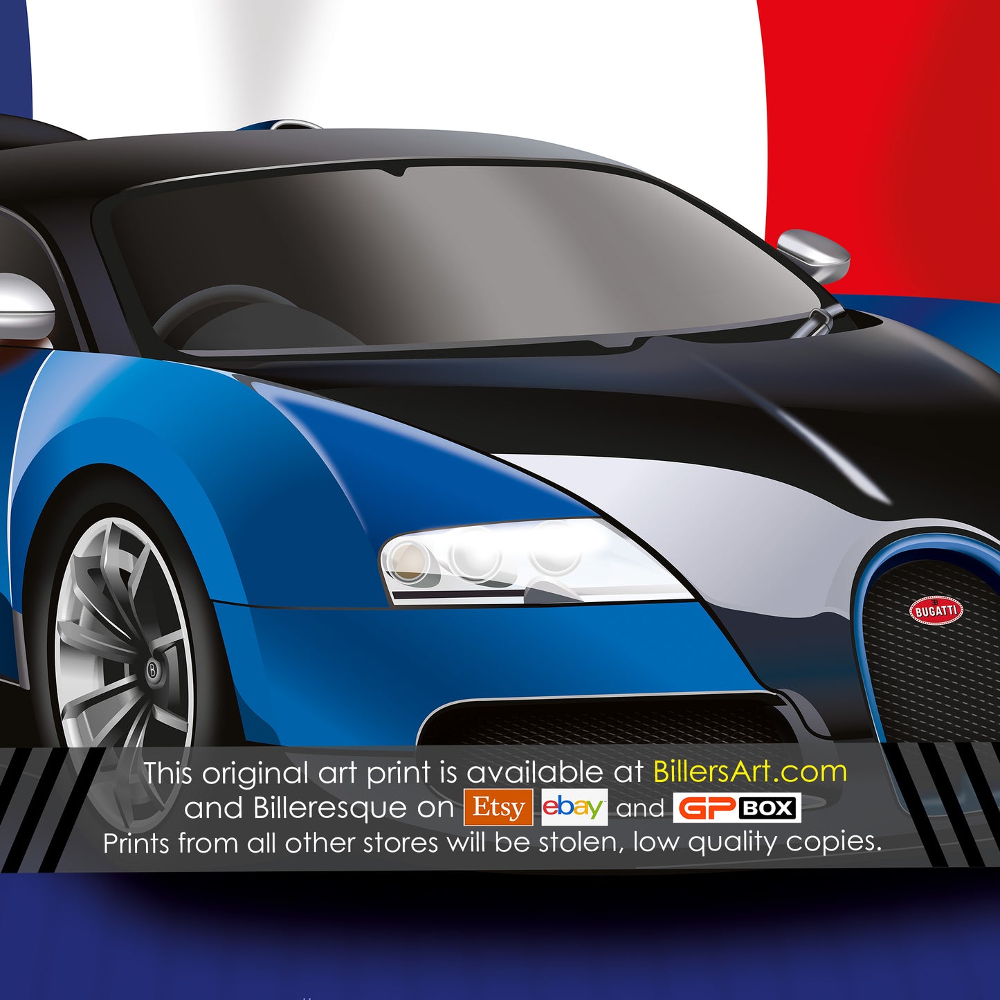 Bugatti Veyron Supercar High Quality Print Illustration with the French Flag