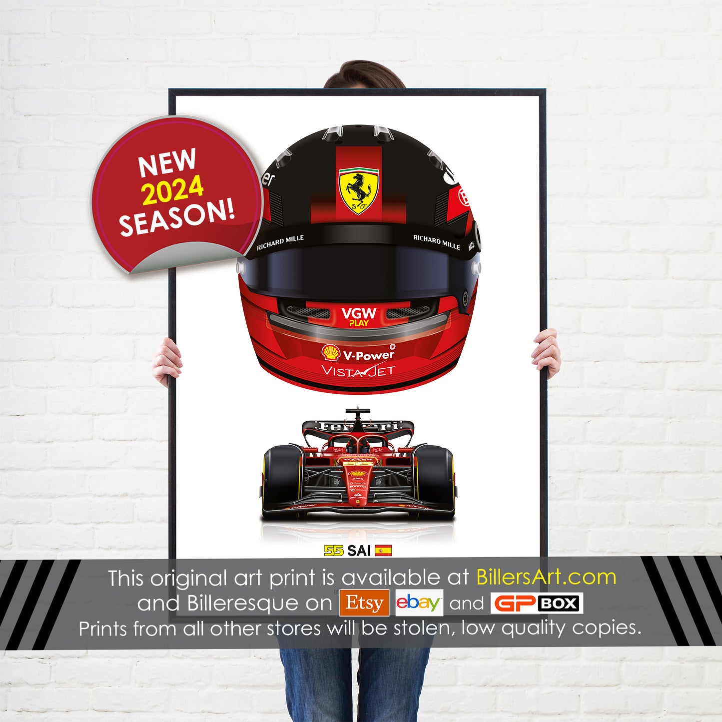 Carlos Sainz Formula 1 Racing Helmet 2024 Ferrari Print