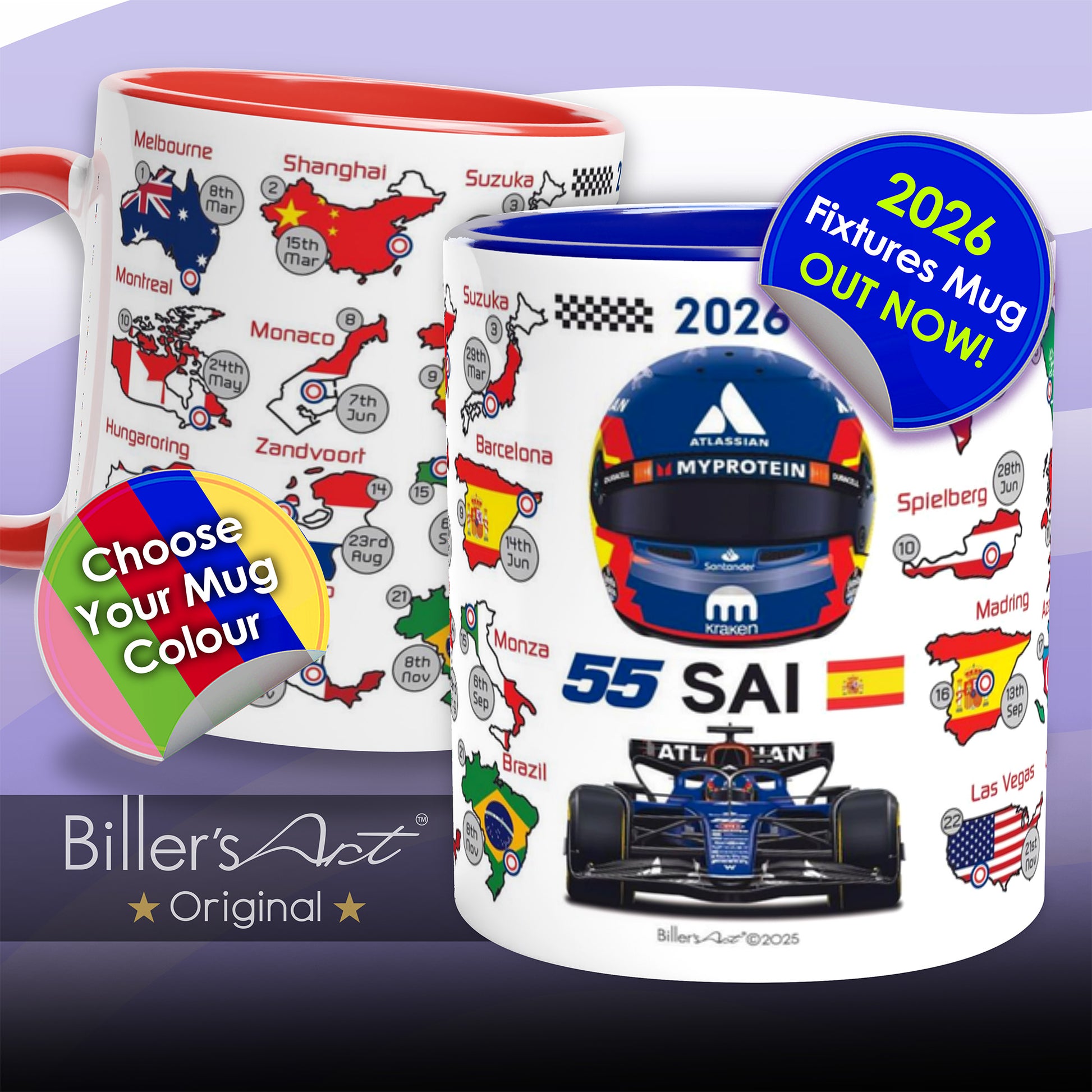 Two racing-themed mugs with various designs and branding on a purple background.