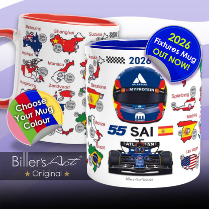 Two racing-themed mugs with various designs and branding on a purple background.